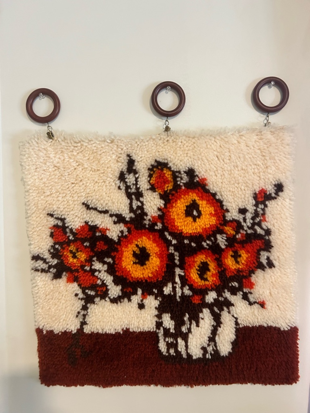 Cream and Orange Floral Shag Wall Hanging